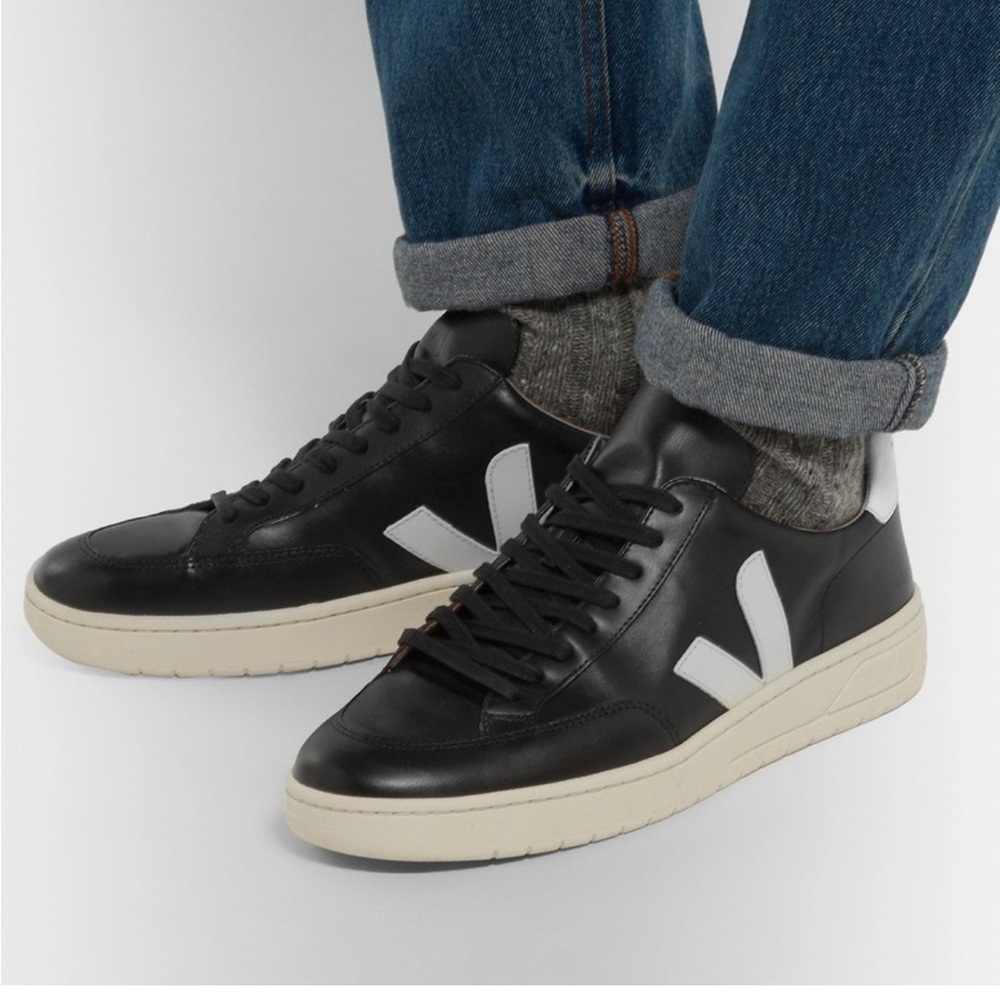 Veja V 12 Bastille Rubber Trimmed Leather Sneakers Men Black White Sz 10